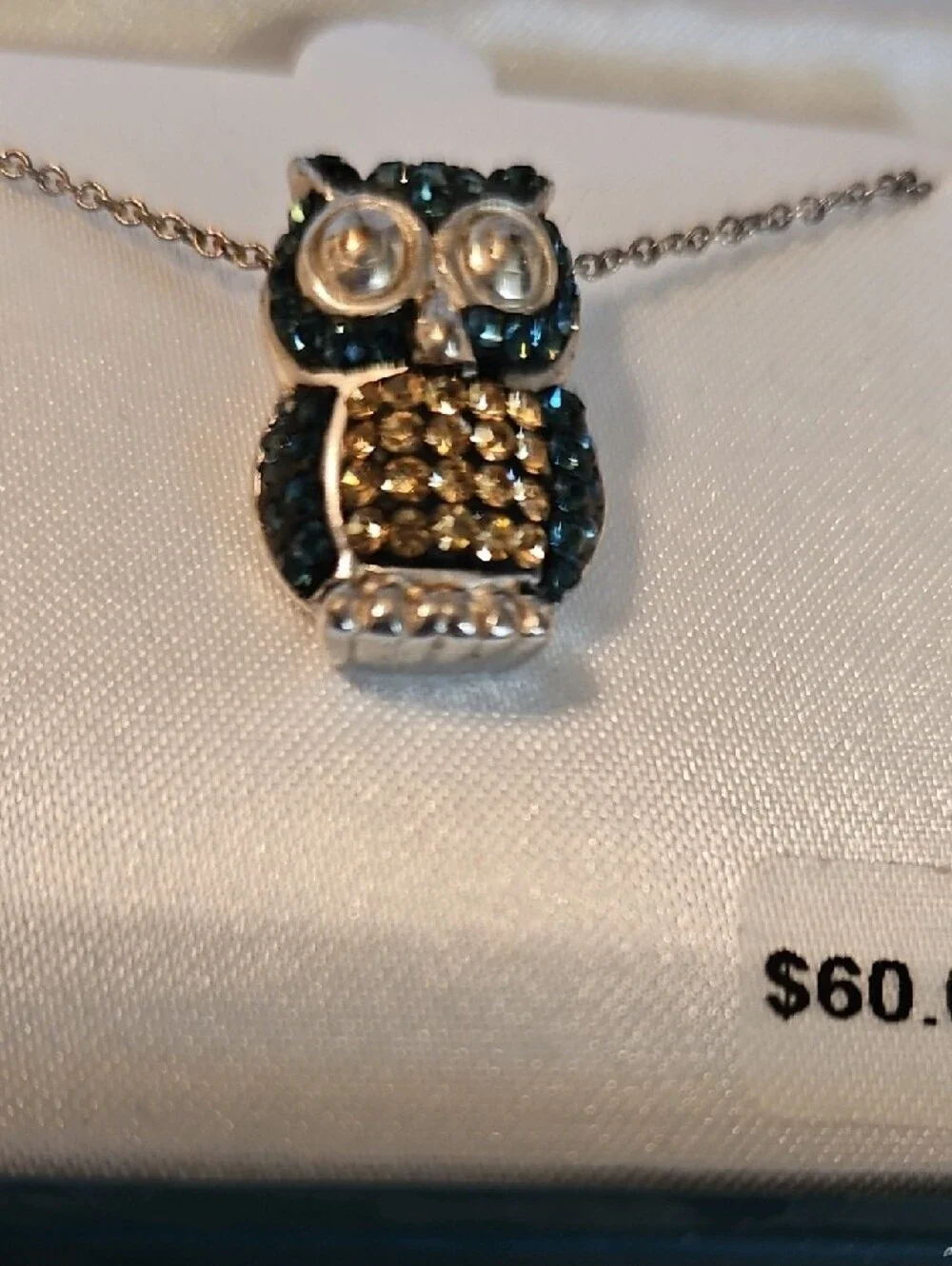 Owl Pendant Necklace with Blue and Gold Crystals - Women's Jewelry NWT